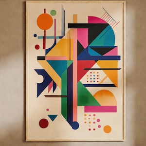 May include: A rectangular wall art print featuring a geometric composition of overlapping shapes in orange, teal, magenta, red, yellow, and dark blue on a cream background. The text DIGITAL DOWNLOAD is visible in the upper left corner.