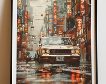 Tokyo Night Drive Car Print, Retro JDM Neon Art (Digital Download)