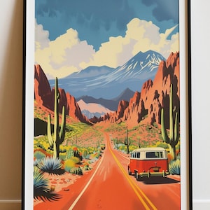 Ruta 40 Argentinien Poster, Vintage Road Trip Druck, Retro Wüste Wandkunst, VW Bus Dekor, Südwesten Reisekunst, Kaktus Landschaft Illustration
