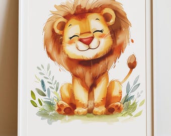 Watercolor Lion Nursery Print, Safari Jungle Animal Art (Digital Download)