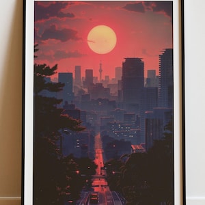 Cyberpunk City Sunset Wall Art, Futuristic Neon Skyline Print, Sci-Fi Urban Nightscape, Retro Futurism Aesthetic, Digital Illustration Decor