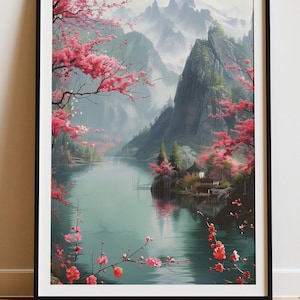 Arte mural de flores de cerezo japonesas: impresión de un lago de montaña tranquilo, decoración de naturaleza zen, póster de paisaje sereno, obra de arte estética asiática