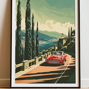 Póster de coche italiano antiguo, arte de pared de viaje retro, impresión de recorrido costero por el Mediterráneo, decoración de coche deportivo clásico, obra de arte de viaje panorámico por carretera