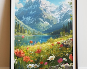 Impresión de flores silvestres de lago alpino, arte de paisaje de montaña (descarga digital)