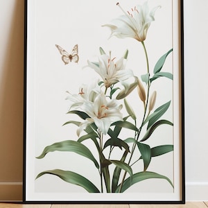 White Lily Botanical Print – Elegant Floral Wall Art (Digital Download)