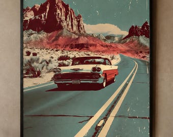 Route 66 Poster, 1950s Classic Car Printable Wall Art, Digital Download