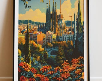 May include: A colorful illustration of the Sagrada Familia basilica in Barcelona, Spain. The basilica is partially constructed and surrounded by trees and flowers. The sky is blue with white clouds.