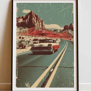 Vintage Route 66 Wall Art Print, Retro Car Travel Poster, Classic Americana Decor, Road Trip Artwork, 1950s Nostalgic Print, PHYSICAL PRINT
