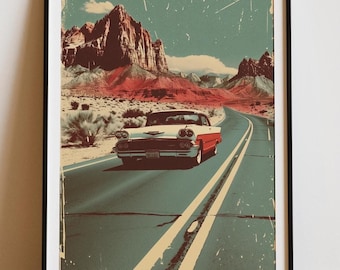Vintage Route 66 Wall Art Print, Retro Car Travel Poster, Klasyczny Americana Decor, Dzieło sztuki Road Trip, Nostalgiczny wydruk z lat 50. XX wieku, FIZYCZNY WYDRUK