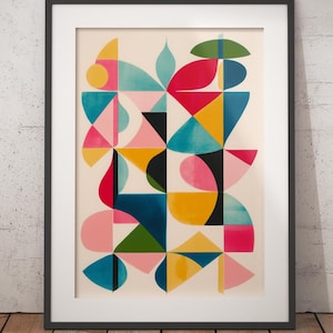 Moderne Geometrische Wandkunst, Abstrakte Formen Print, Bunte Mid Century-Dekor, Zeitgenössische Kunst Poster, Büro oder Wohnzimmer Wandkunst