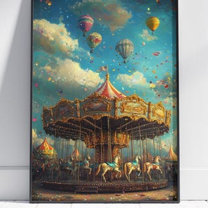 Vintage Karussell Wandkunst, Rummelplatz Fahrt Déco, Karneval Dekor, Nostalgisches Karussell Poster, Heißluftballon Festival Kunst