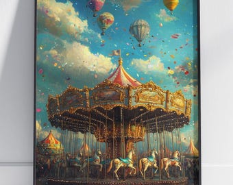 Vintage Carousel Wall Art, Fairground Ride Print, Whimsical Carnival Decor, Nostalgic Merry-Go-Round Poster, Hot Air Balloon Festival Art