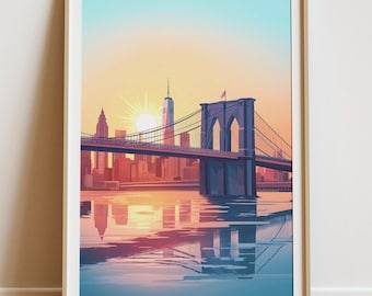 Brooklyn Bridge Sunset Print, NYC Skyline Art (Digital Download)