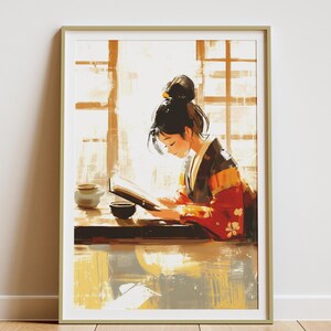 Gelassenes Kimono-Leseplakat für Zen-Räume Japanischer Kunstdruck Geschenk für Buchliebhaber Gemütliches minimalistisches Dekor Friedliche ruhige Wandkunst