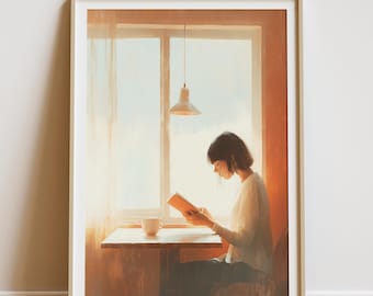 Cozy Reading Nook Print, Minimalist Book Lover Art (Digital Download)