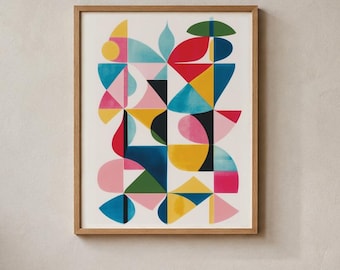 Kolorowy, abstrakcyjny plakat geometryczny, wydruk giclée na ścianę w stylu mid-century modern