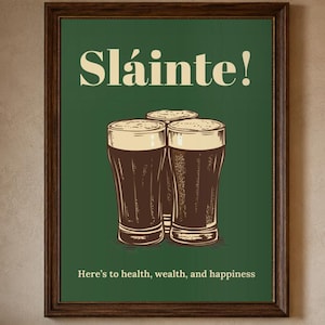 Sláinte Irish Pub Poster, Retro Stout Beer Wall Art, Home Bar Decor, Digital Download