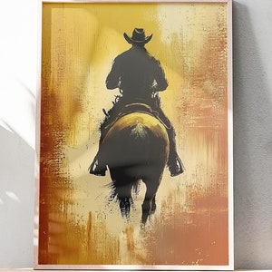 Vintage-Inspired Cowboy Wall Art, Old West Horseback Rider Print, Rustic Western Decor, Digital Painting, Western Digital Download