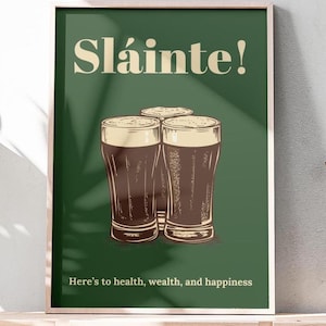 Arte mural de pub irlandés Sláinte, cerveza para el día de San Patricio para imprimir, póster vintage de Guinness, decoración de bar para el hogar, letrero de bar irlandés, regalo para amantes de la cerveza