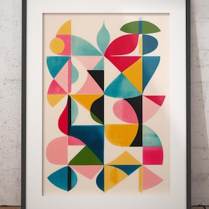 Abstrakte moderne geometrische Form, lebendige bunte Formen Druck, zeitgenössische Wanddekoration, Mitte des Jahrhunderts inspirierte Kunst, bunte moderne Wanddekoration