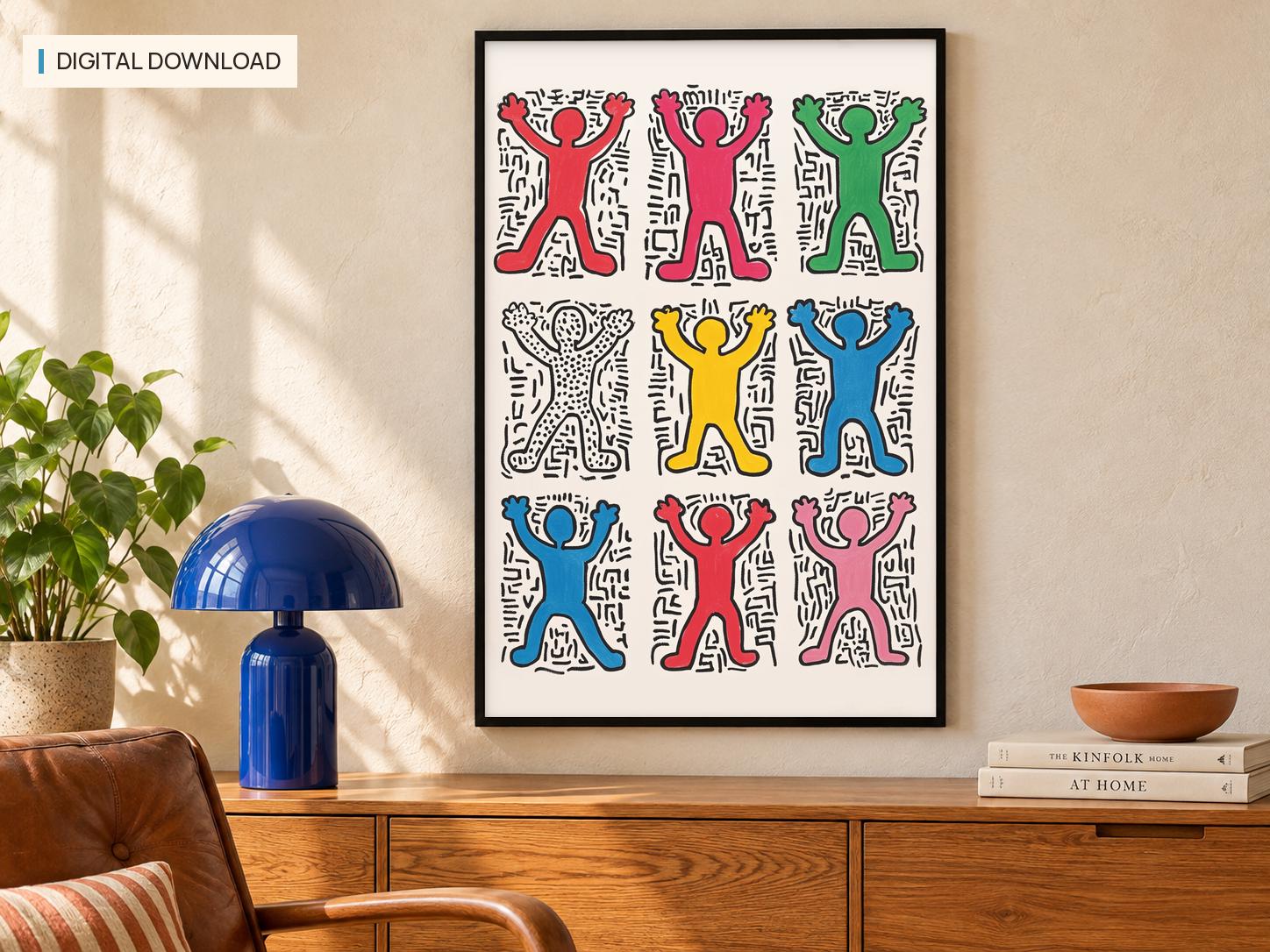 Keith Haring ポップアート 印刷作品 Keith Haring-inspired Pop Art Print, Colorful Figures (digital
