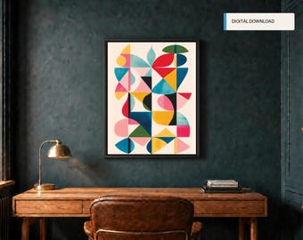 Colorful Abstract Geometric Poster, Mid-century Modern Wall Art