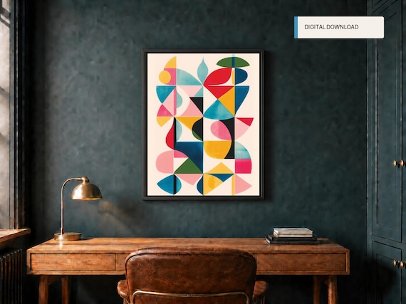 北欧 Abstract Geometric Artwork ポスター A1版 Colorful Abstract Geometric Poster, Mid-century Modern Wall Art