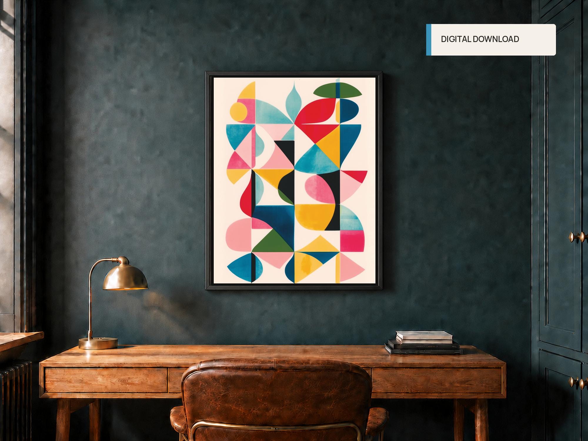 北欧 Abstract Geometric Artwork ポスター A1版 Colorful Abstract Geometric Poster, Mid-century Modern Wall Art