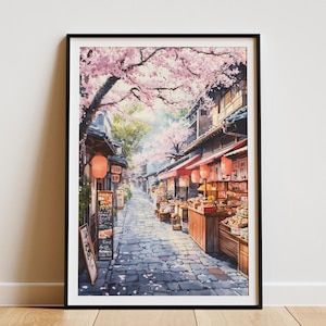 Cherry Blossom Street Art, Traditional Japanese Market Print, PRINTABLE art, Sakura Digital Painting, Japan Wall Art, Anime Aesthetic Decor