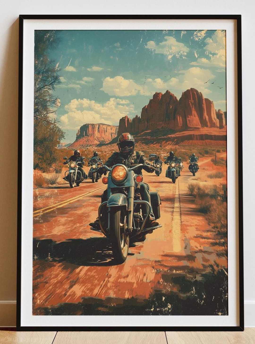 FordMotorCompany Route66 ヴィンテージ風 壁掛けアート Route 66 Motorcycle Print – Vintage Biker Road Trip Art (digital
