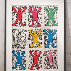 Keith Haring-Inspired Wall Art, Colorful Pop Art Printable, 80s Street Art Poster, Graffiti Retro Decor, Abstract Figures Digital Download