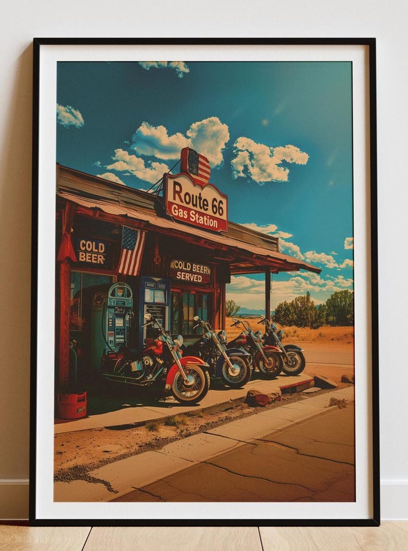 Vintage Route 66 Motorcycle Gas Station Print, Americana Wall Art - Etsy
