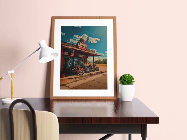 Vintage Route 66 Motorcycle Gas Station Print, Americana Wall Art - Etsy