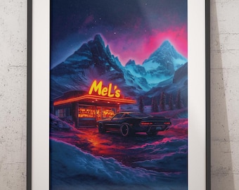 Stampa artistica di un ristorante retrò, paesaggio notturno al neon, auto cyberpunk (download digitale)