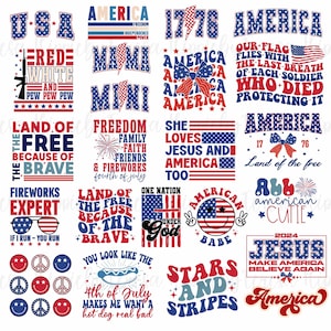 Puede incluir: Una colección de 16 diseños digitales con colores y texto patrióticos de la bandera estadounidense. Los diseños incluyen frases como "Tierra de los libres", "Experto en fuegos artificiales", "Ella ama a Jesús y a América también", "Todo estadounidense lindo" y "Estrellas y rayas".