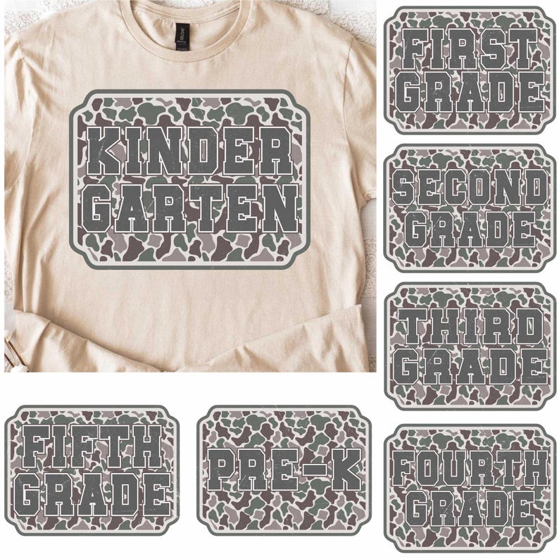 May include: A beige long-sleeved t-shirt with a large rectangular graphic that says "KINDERGARTEN" in gray letters with a camouflage pattern. Additional graphics for First, Second, Third, Fourth, Fifth Grade, and Pre-K are also shown.
