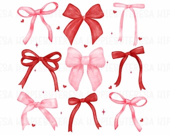 Valentine Coquette Bows PNG, Valentine Bows png, Trendy Valentine png, DTF png transfer, Valentine Girly png, pink and red bow, watercolor