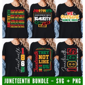 Puede incluir: Una colección de camisetas negras con diseños temáticos de Juneteenth. Las camisetas presentan varios gráficos y texto, incluyendo frases como "Dream Like Martin", "Blackity" y "We Outside Since 1865". La parte inferior de la imagen muestra "Juneteenth Bundle - SVG + PNG".