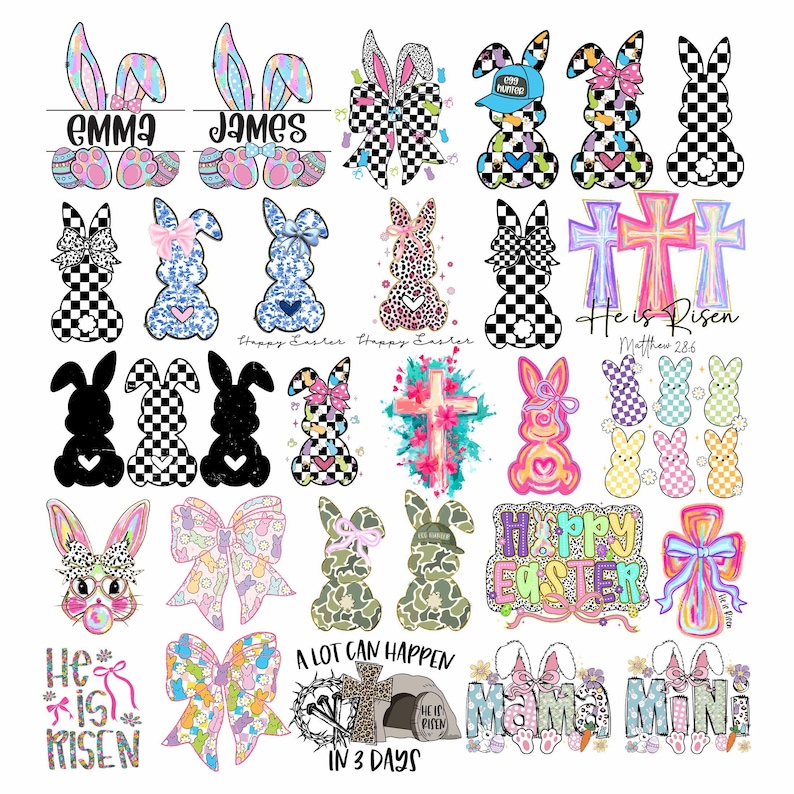 Puede incluir: Una colecci&oacute;n de 25 dise&ntilde;os digitales con conejos de Pascua, cruces, lazos y otros gr&aacute;ficos con tem&aacute;tica de Pascua. Los dise&ntilde;os incluyen varios colores, patrones y estilos, como a cuadros, florales y camuflaje.