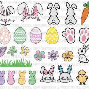 May include: A set of 18 Easter-themed digital clipart images. The images include bunnies, eggs, flowers, butterflies, grass, carrots, and chicks. The images are in a cartoon style and are perfect for use in digital scrapbooking, card making, and other craft projects.