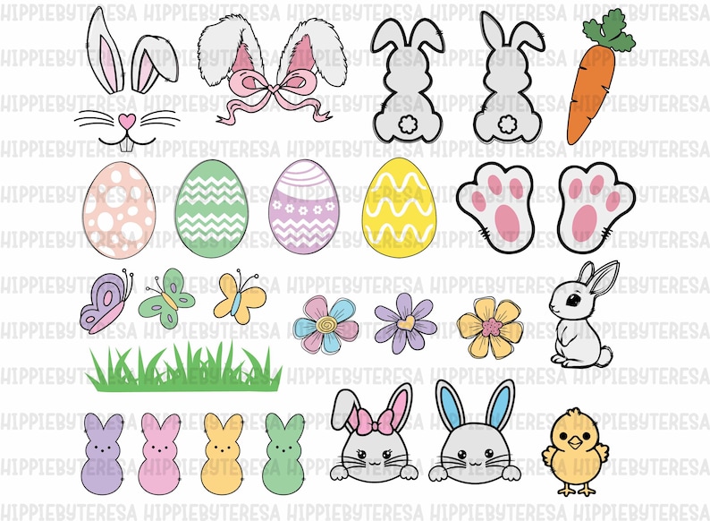 May include: A set of 18 Easter-themed digital clipart images. The images include bunnies, eggs, flowers, butterflies, grass, carrots, and chicks. The images are in a cartoon style and are perfect for use in digital scrapbooking, card making, and other craft projects.