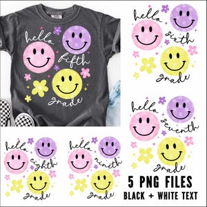 May include: Dark gray t-shirt with a graphic design featuring smiley faces in pink, purple, and yellow, with the words "hello fifth grade." Additional designs include "hello sixth grade," "hello seventh grade," "hello eighth grade," and "hello ninth grade."