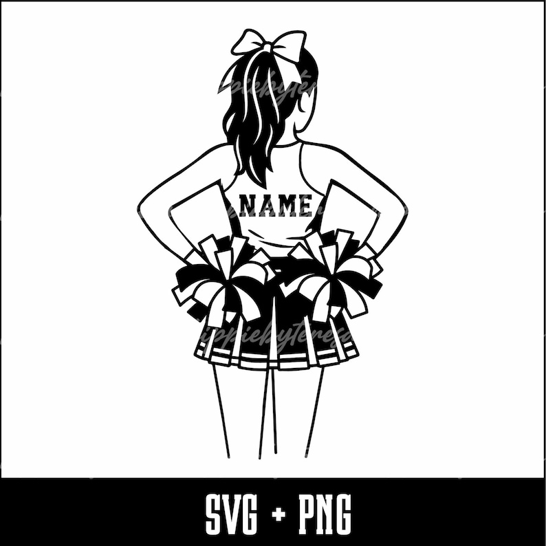 May include: Black and white illustration of a cheerleader from the back, wearing a uniform with the word "NAME" on the back. She is holding pom-poms and has a bow in her hair. The image includes the text "SVG + PNG".