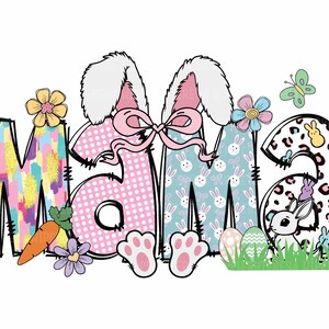 May include: A colorful Easter-themed "Mama" sign with bunny ears, polka dots, bunny patterns, and a leopard print. The sign is decorated with flowers, carrots, and Easter eggs.