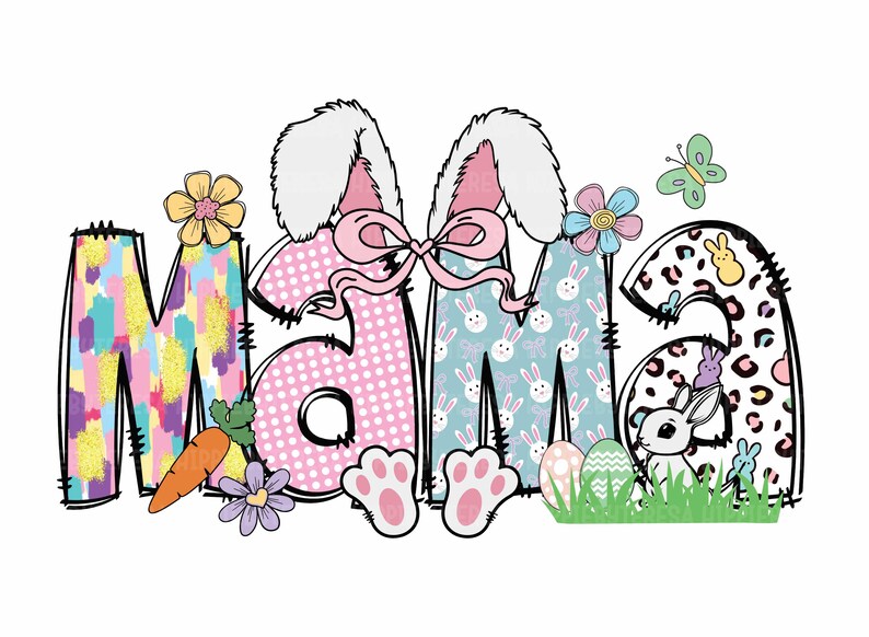 May include: A colorful Easter-themed "Mama" sign with bunny ears, polka dots, bunny patterns, and a leopard print. The sign is decorated with flowers, carrots, and Easter eggs.