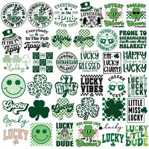 Puede incluir: Una colección de 24 diseños digitales temáticos del Día de San Patricio con tréboles verdes, patrones a cuadros y varias frases como "Lucky Vibes", "Happy Go Lucky" y "Little Miss Lucky".