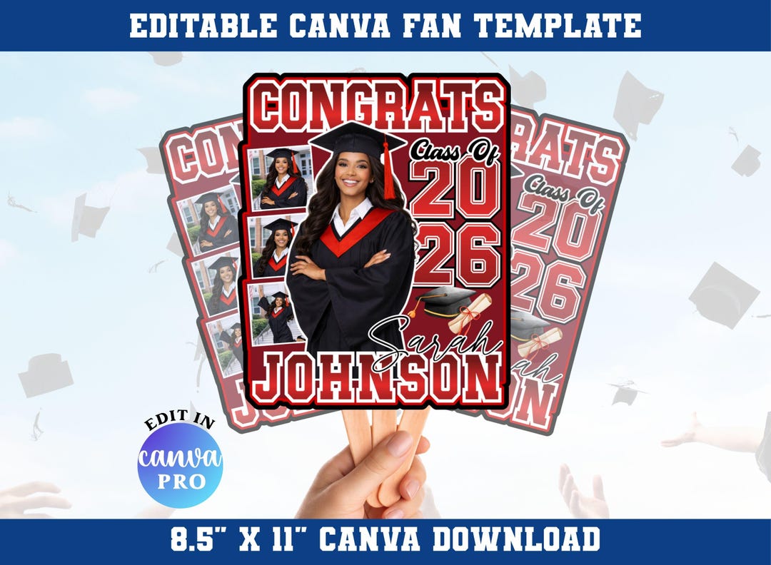 Red Graduation Fan Canva Editable Template, Class of 2026 Canva ...