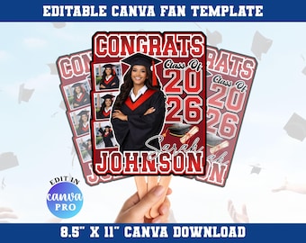Plantilla editable de Canva para abanico de graduación rojo, plantilla de Canva para la promoción de 2026, diseño de abanico de graduación con pala para la promoción de 2026, graduado de último año de 2026.