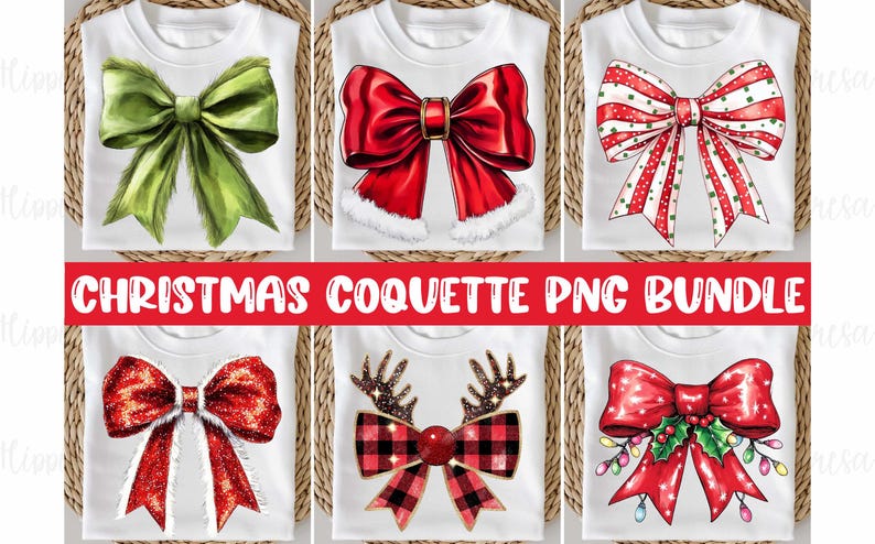 May include: A collection of six white t-shirts, each featuring a different Christmas bow design. The bows vary in color and style, including red glitter, plaid, and green. The text "CHRISTMAS COQUETTE PNG BUNDLE" is displayed in a red banner.