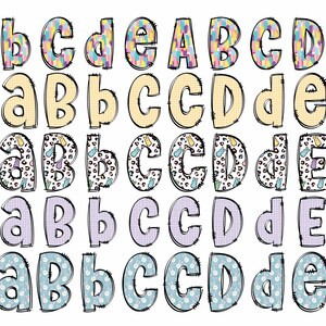 May include: Five rows of uppercase and lowercase letters A through E, each letter is decorated with a different pattern. The first row is a rainbow pattern, the second row is a yellow and white checkered pattern, the third row is a leopard print, the fourth row is a purple and white checkered pattern, and the fifth row is a blue and white polka dot pattern.